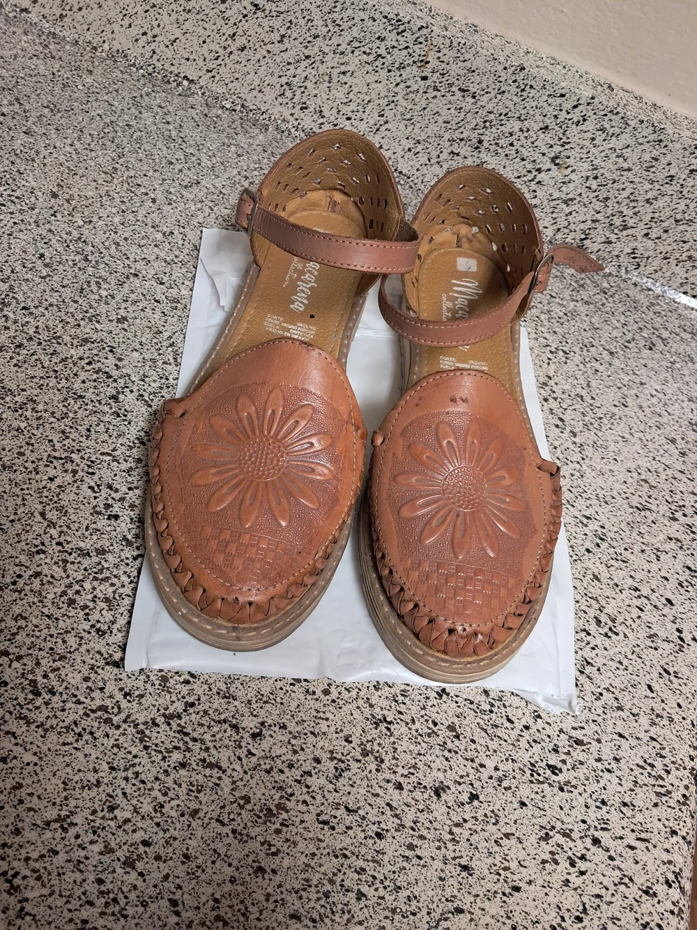 Women's Brown Floral Leather Sandals with Ankle Strap